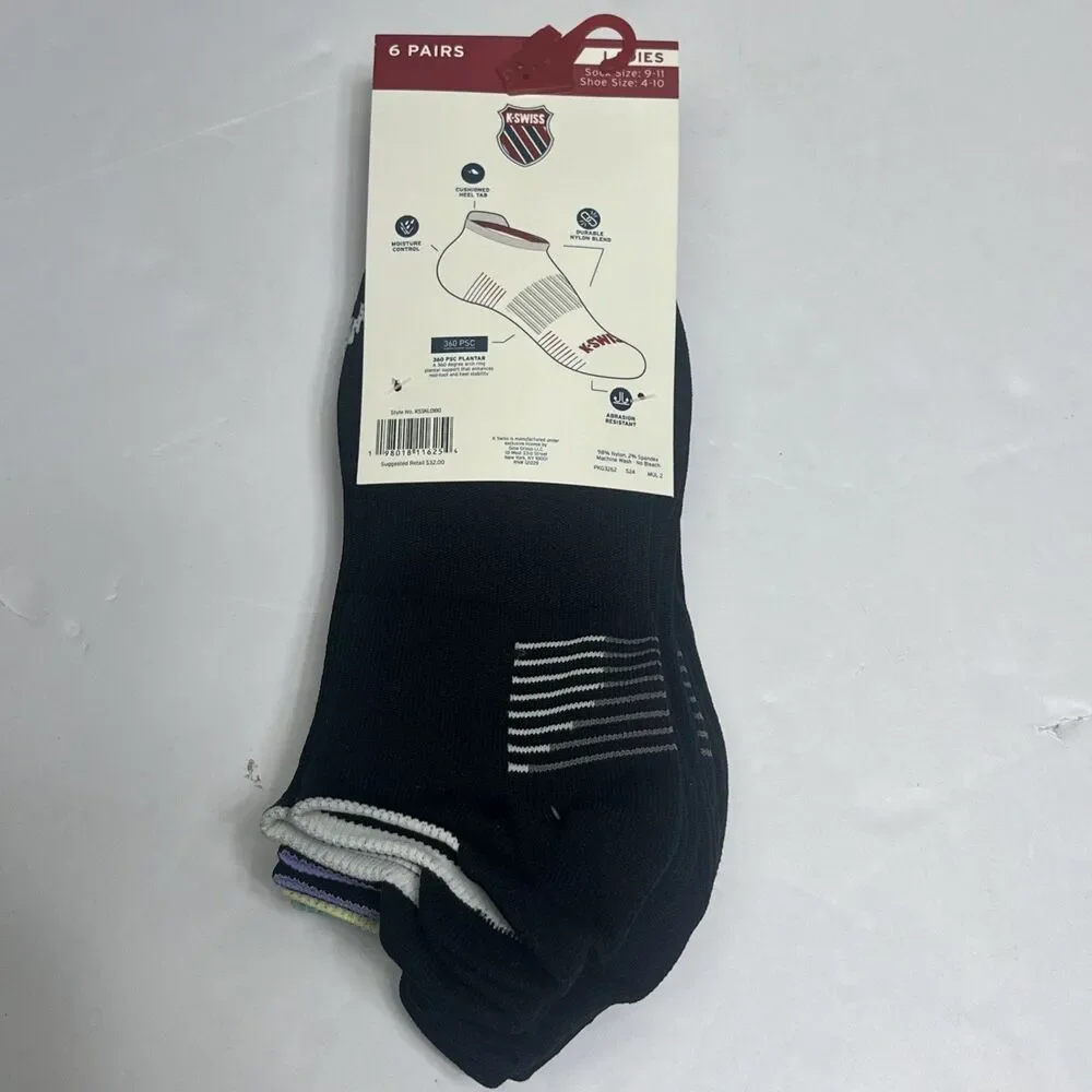 K Swiss Women's Low Cut Socks‎ 6 Pack Shoe 4-10 Black Supreme Light $32 Heel Tab